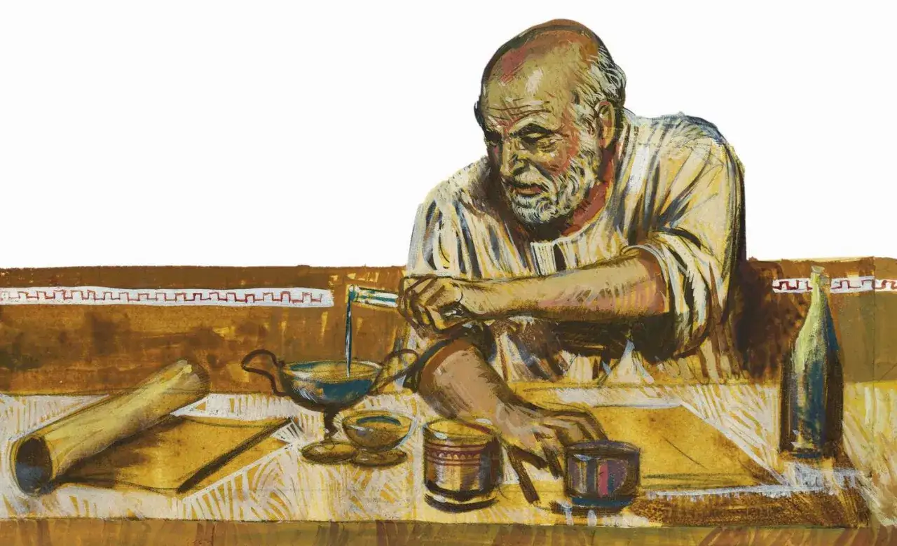 Archimedes przeprowadza próbę archimedesową złota, nalewając płyn do naczynia.