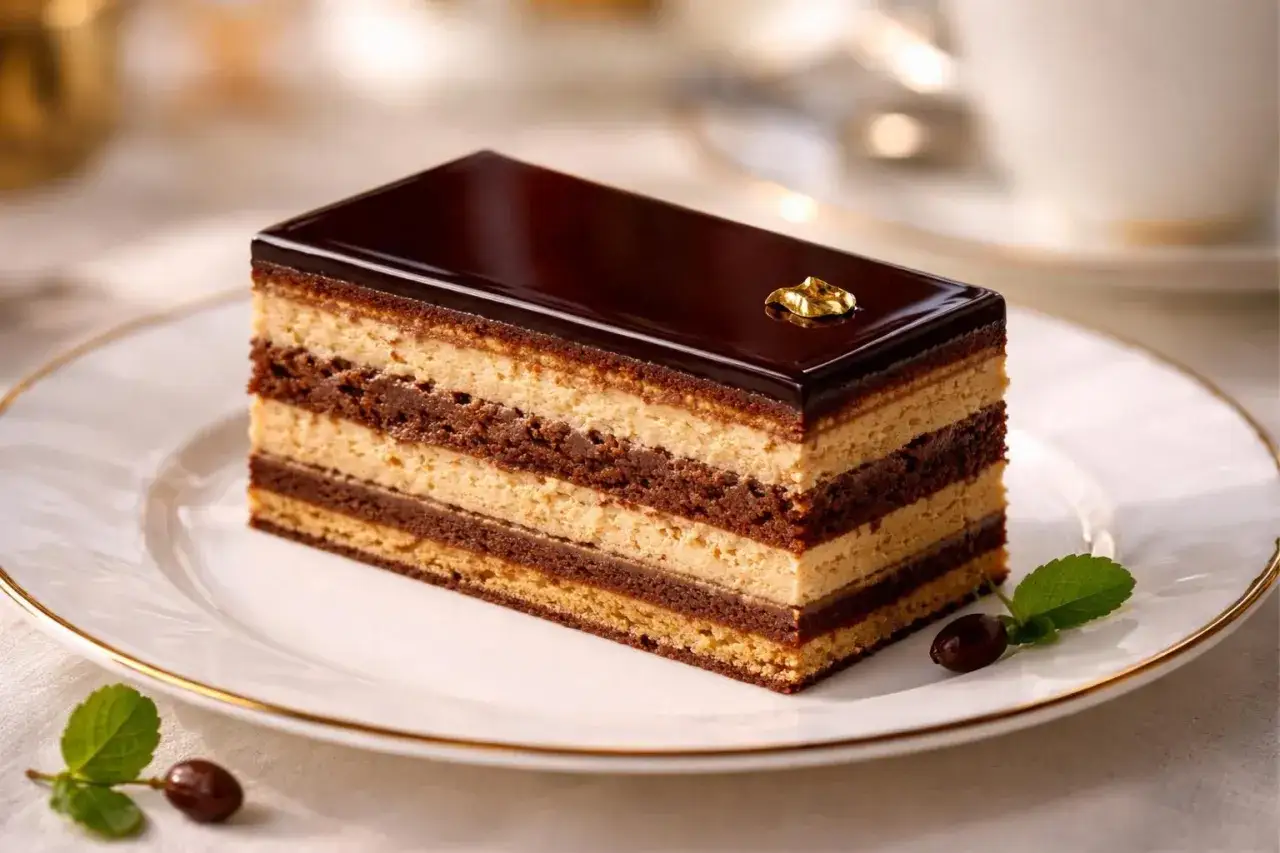Une tranche de g&acirc;teau Op&eacute;ra, composition &eacute;l&eacute;gante avec gla&ccedil;age brillant et feuille d'or. D&eacute;licates couches de biscuit et de cr&egrave;me.