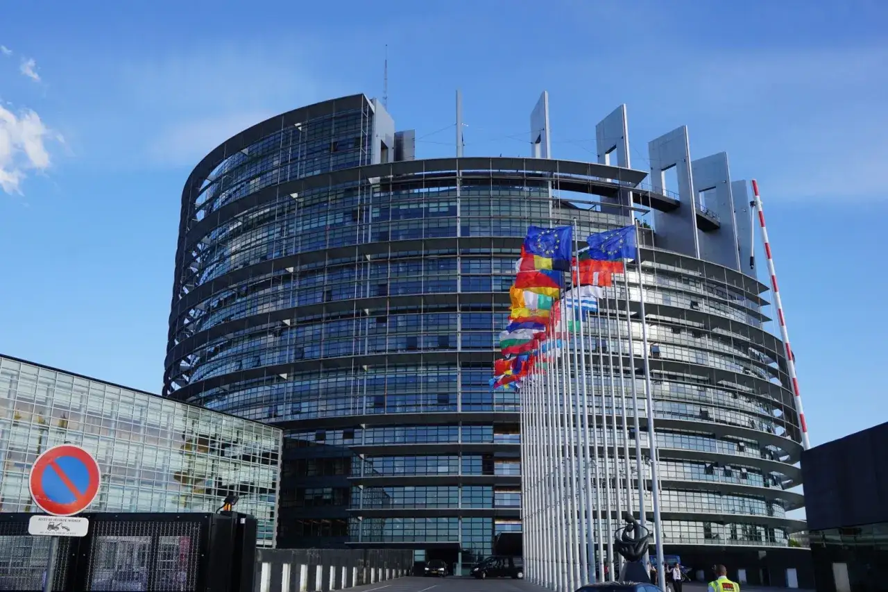 Staż w Parlamencie Europejskim w Brukseli: wymagania i proces selekcji. Flagi UE i państw członkowskich przed budynkiem.