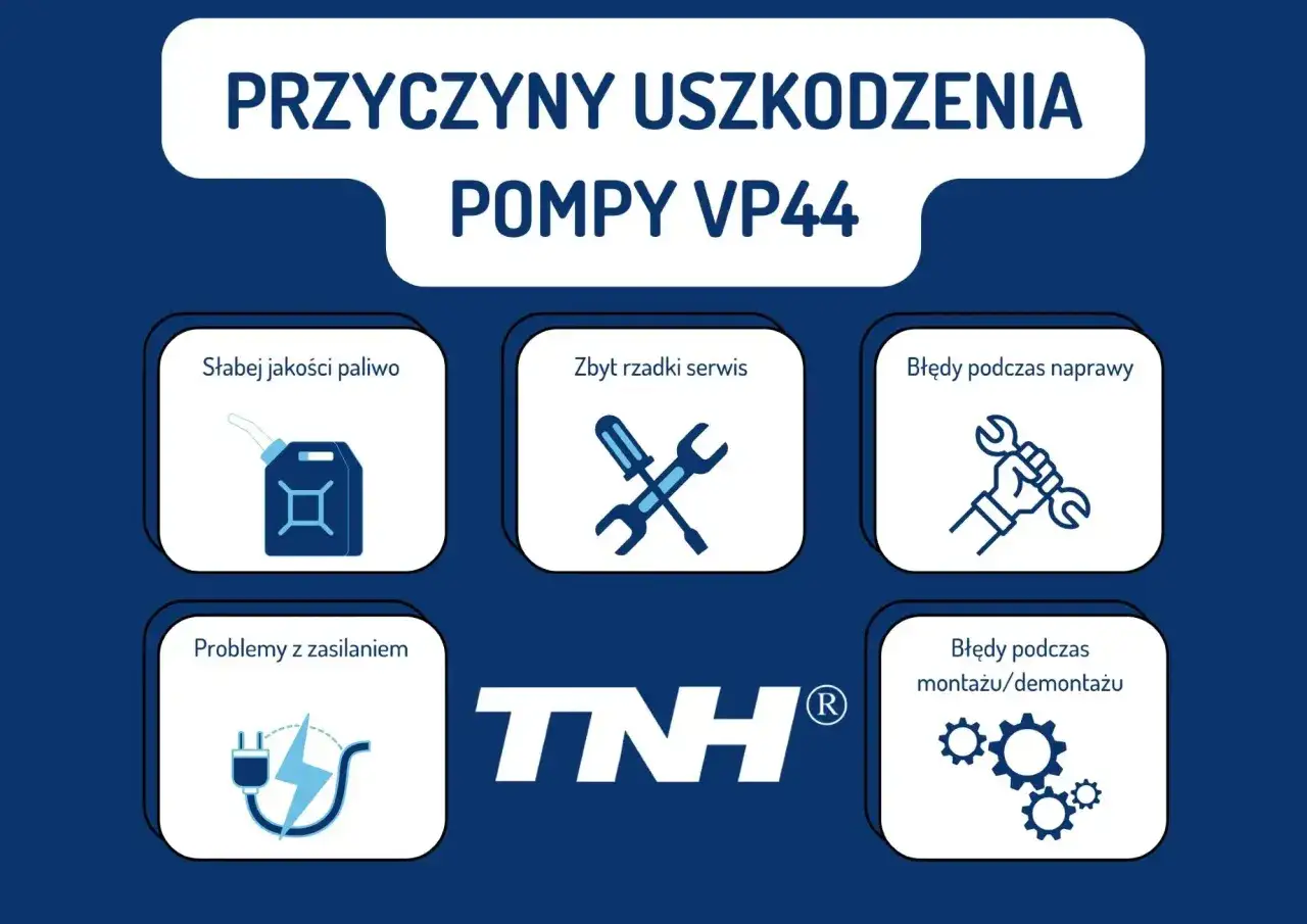Przyczyny uszkodzenia pompy VP44: słabe paliwo, rzadki serwis, błędy napraw, problemy z zasilaniem, błędy montażu/demontażu.