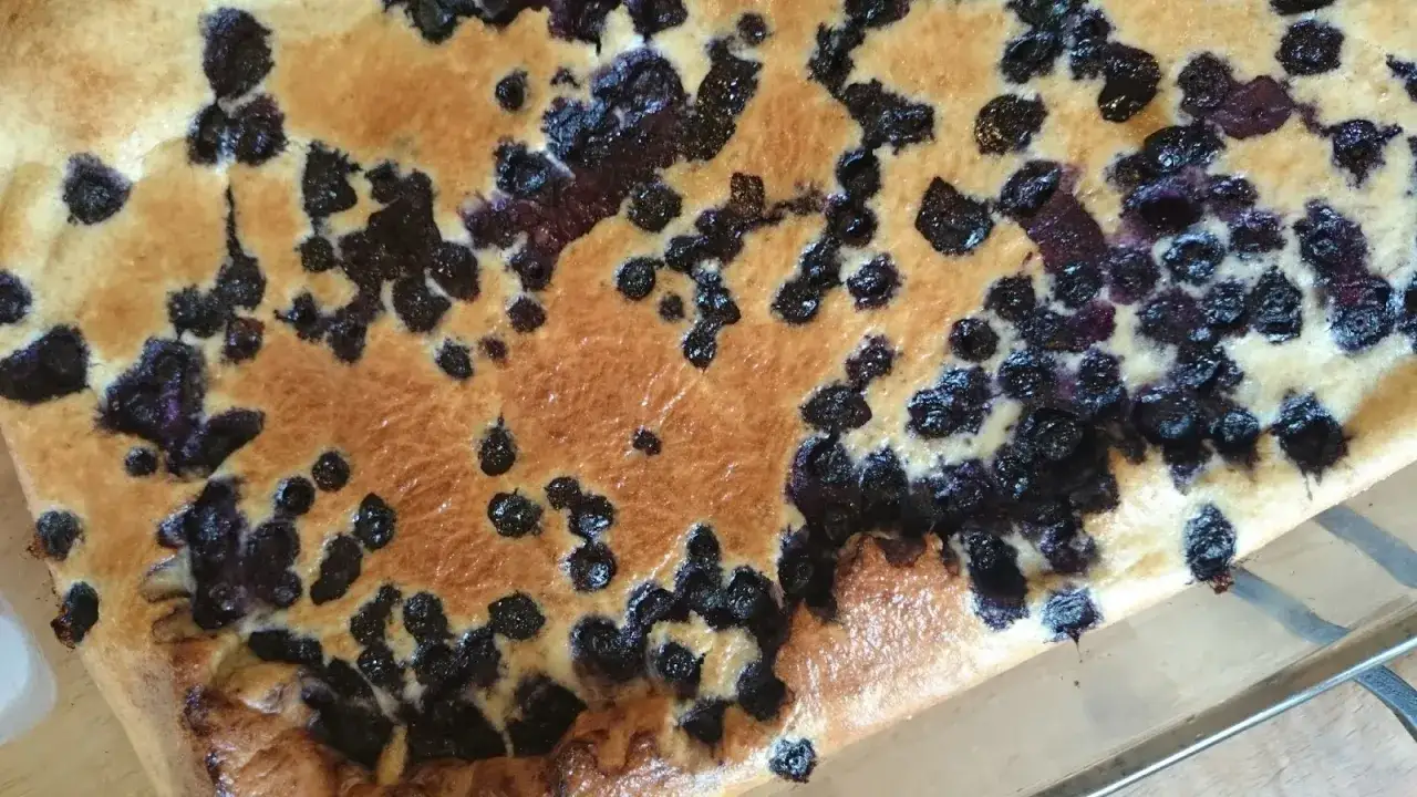 En gyllene protein ugnspannkaka med bl&aring;b&auml;r, perfekt f&ouml;r en h&auml;lsosam frukost eller mellanm&aring;l.