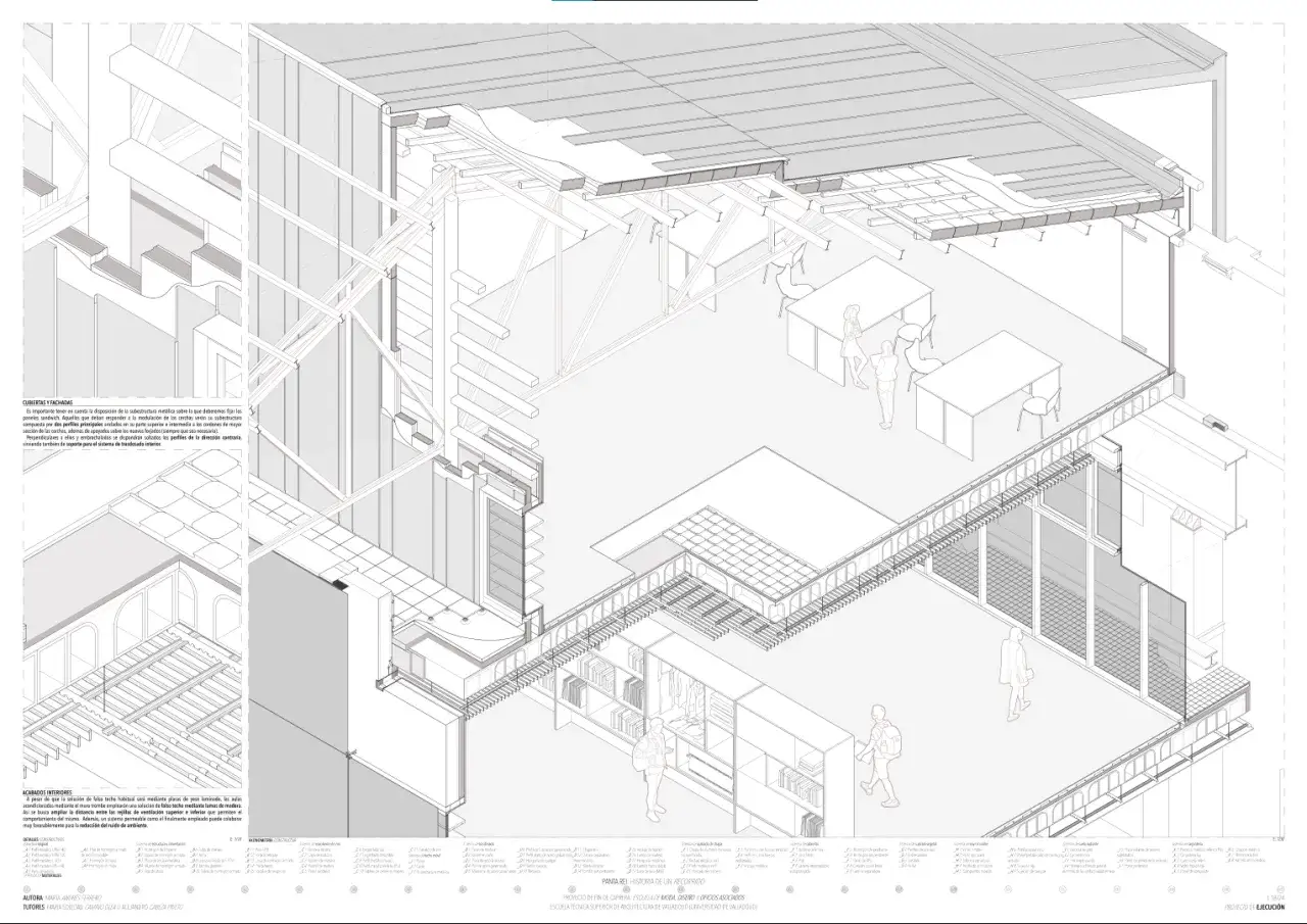 Axonometría constructiva de un interior con mobiliario, escaleras y detalles de cubiertas y fachadas.
