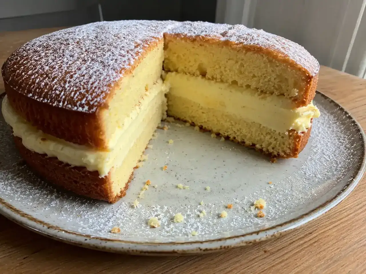 En lyxig sockerkaka med fyllning, pudrad med florsocker, ligger på en tallrik.
