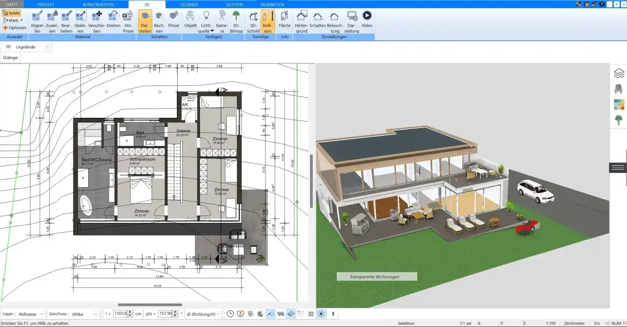 Grundriss und 3D-Ansicht eines modernen, barrierefreien Hauses mit gro&szlig;z&uuml;gigen R&auml;umen und Terrasse.