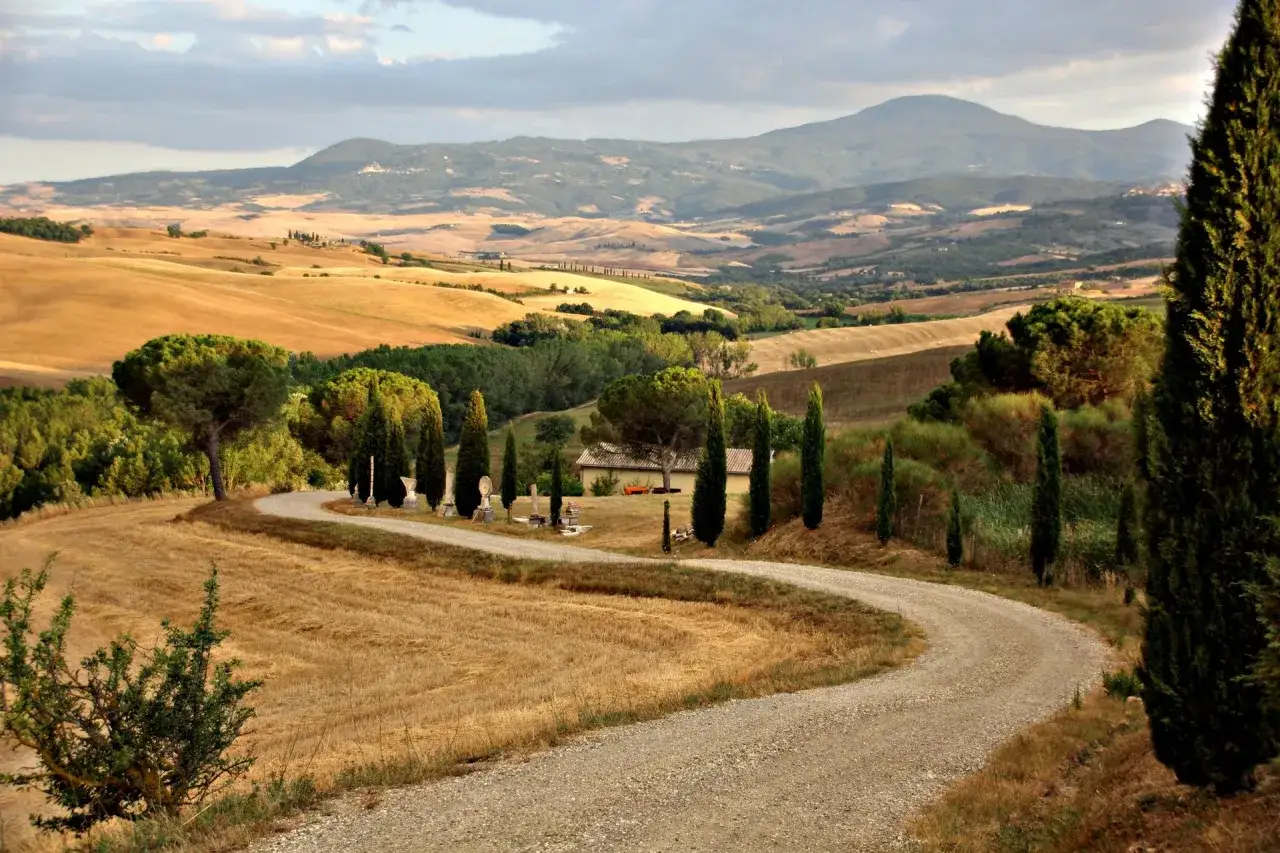 Dolce collina toscana con strada sterrata, cipressi e campi dorati. Un paesaggio che evoca il **francigena significato** di viaggio e spiritualit&agrave;.