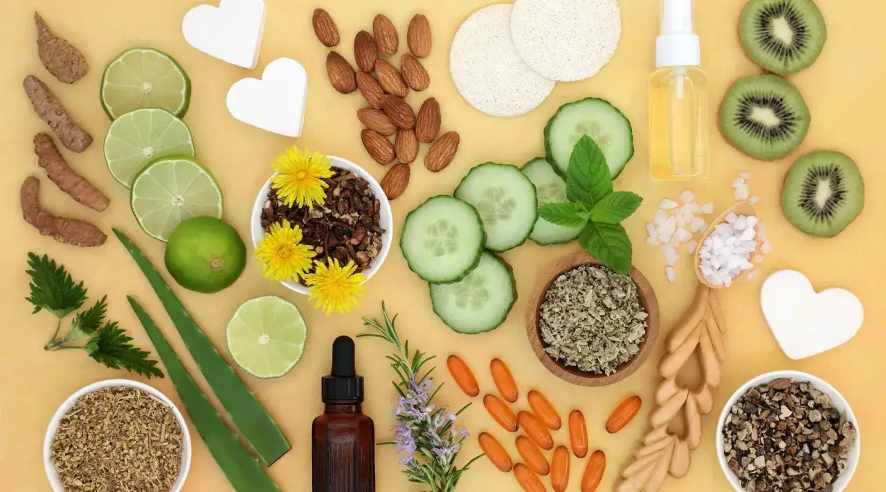Zutaten f&uuml;r anti aging creme selber machen: Aloe Vera, Gurke, Limette, Kurkuma, Mandeln, Kr&auml;uter, Kiwi, &auml;therische &Ouml;le.