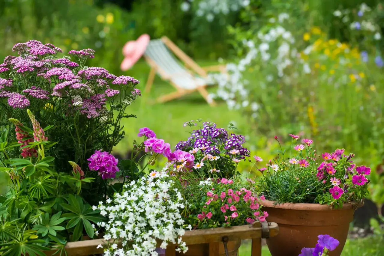 Bunte Blumenpracht im Garten, ideal f&uuml;r alle, welche Blumen im Juli pflanzen m&ouml;chten. Entspannung im Liegestuhl.