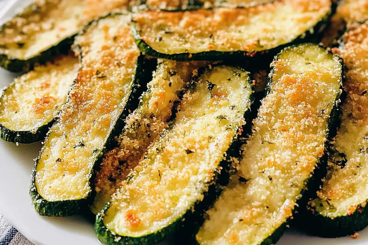 Fette di zucchine al forno semplici, dorate e croccanti, con panatura e erbe aromatiche. Un contorno leggero e gustoso.