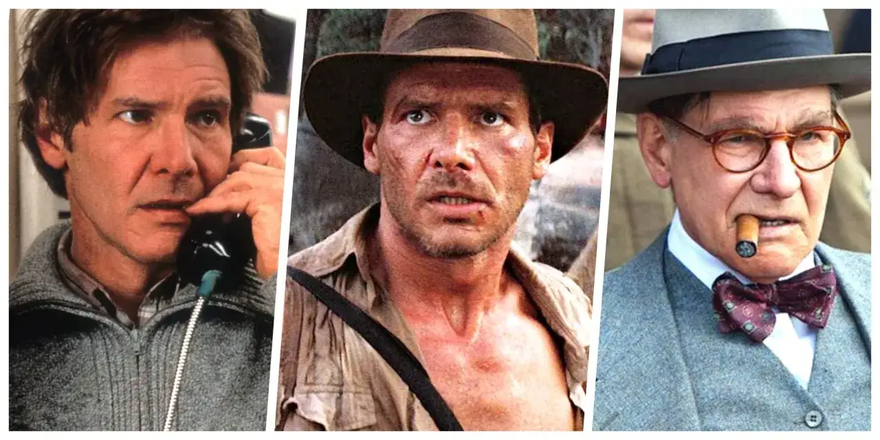 Tre scener med Harrison Ford: en på telefon, en som Indiana Jones, och en äldre herre med cigarr.