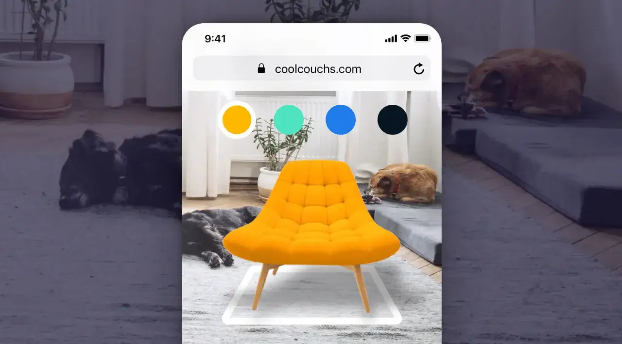 Un fauteuil jaune vif appara&icirc;t dans une pi&egrave;ce gr&acirc;ce &agrave; la **r&eacute;alit&eacute; augment&eacute;e**. Des chiens se pr&eacute;lassent &agrave; proximit&eacute;, ignorant la technologie.