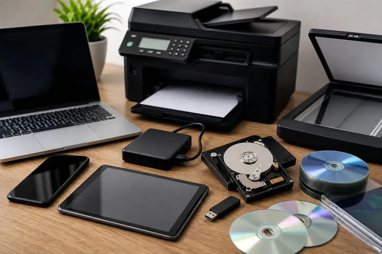 Laptop, drukarka, skaner, dyski twarde, pendrive i płyty CD/DVD. Wszystko gotowe do kopiowania, ale pamiętaj o opłacie reprograficznej.
