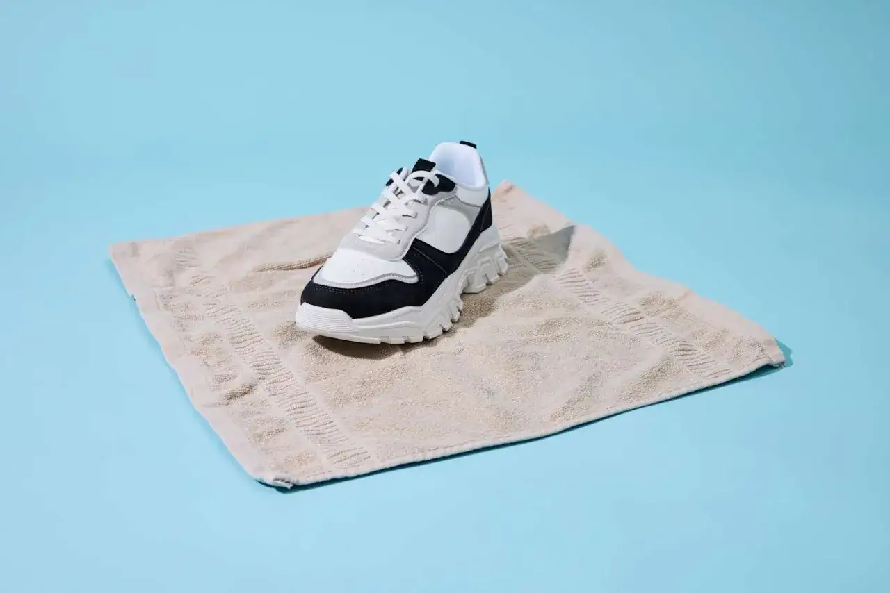 Scarpa sportiva bianca e nera su asciugamano beige, un metodo per asciugare scarpe bagnate dentro.