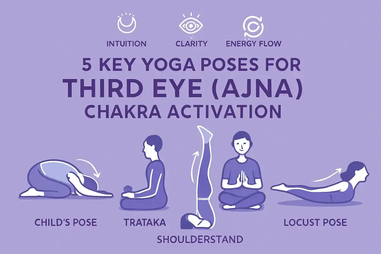 Ilustración de 5 posturas de yoga para activar el ajna chakra: Intuición, Claridad y Flujo de Energía.