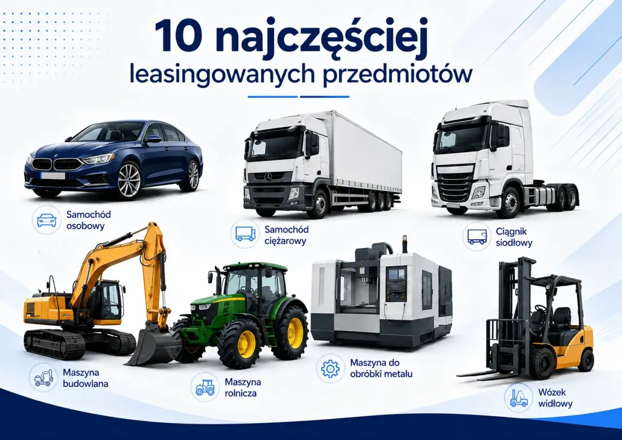 Najczęściej leasingowane przedmioty w Polsce: samochody osobowe, ciężarowe, maszyny budowlane, rolnicze, do obróbki metalu, wózki widłowe.
