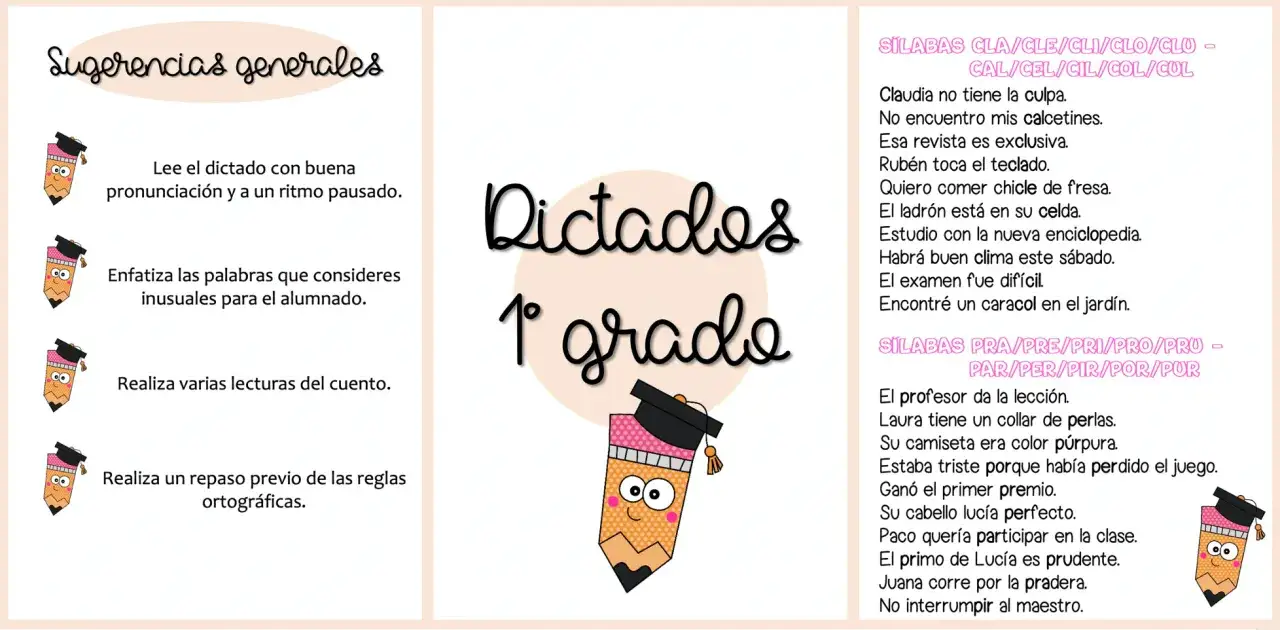 P&aacute;ginas con sugerencias y ejemplos de dictado 1 primaria, con l&aacute;pices animados y textos sobre s&iacute;labas y frases.