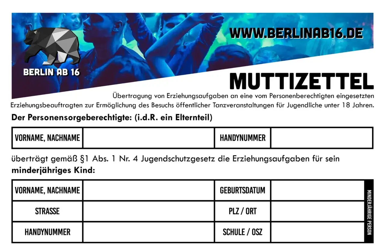 Muttizettel Vorlage zum Ausdrucken f&uuml;r Berlin ab 16. Formular zur &Uuml;bertragung von Erziehungsaufgaben f&uuml;r Jugendliche unter 18 Jahren.