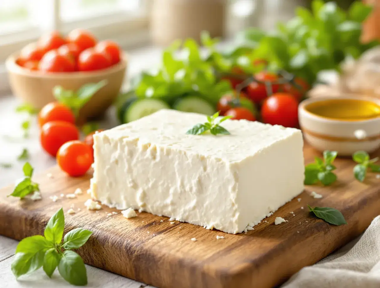 Kostka sera feta na desce, otoczona pomidorkami, ogórkiem i bazylią. Poznaj ser feta właściwości i jego zastosowanie w kuchni.