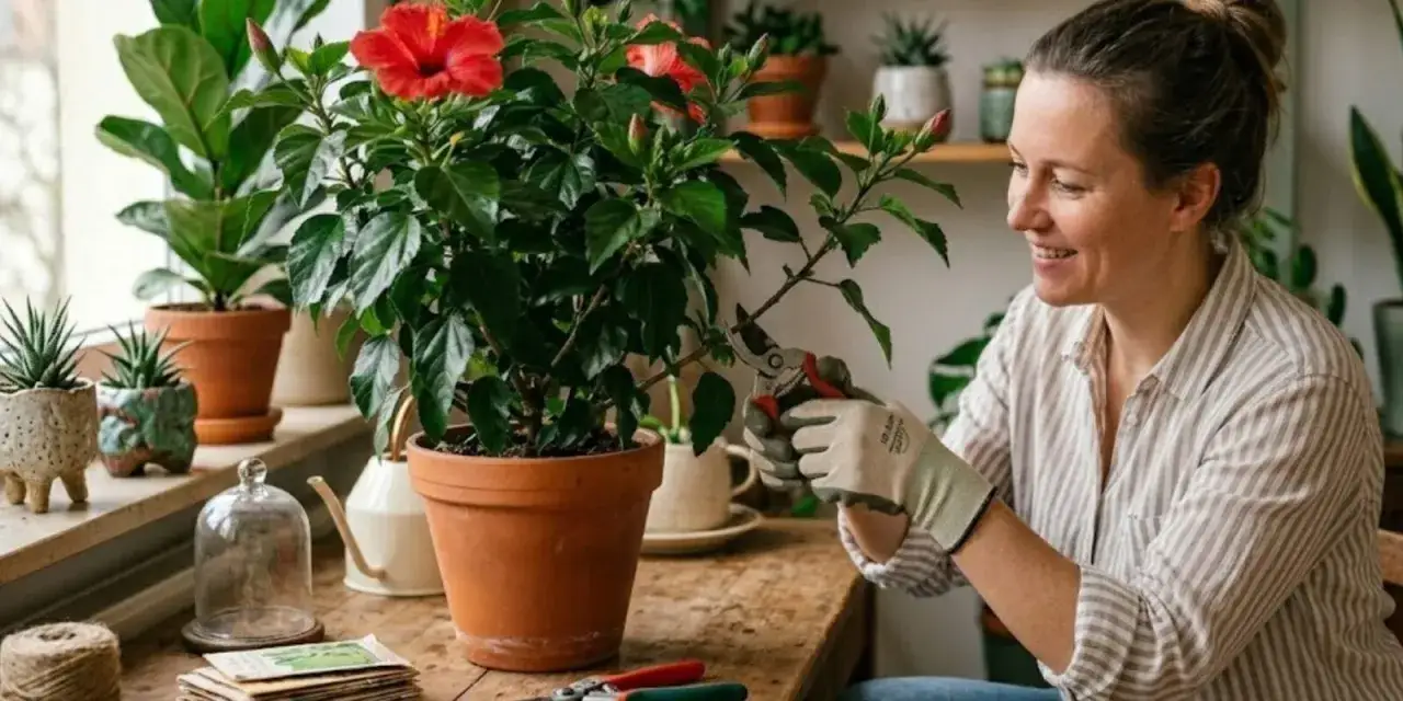 Frau mit Handschuhen schneidet mit einer Gartenschere einen bl&uuml;henden Hibiskus. Sie l&auml;chelt zufrieden, w&auml;hrend sie die Pflanze pflegt.