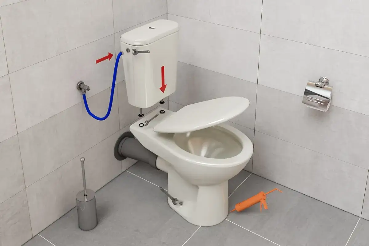 Instrukcja jak zamontować WC kompakt z odpływem pionowym. Widoczny montaż spłuczki, podłączenie wody i uszczelnienie.