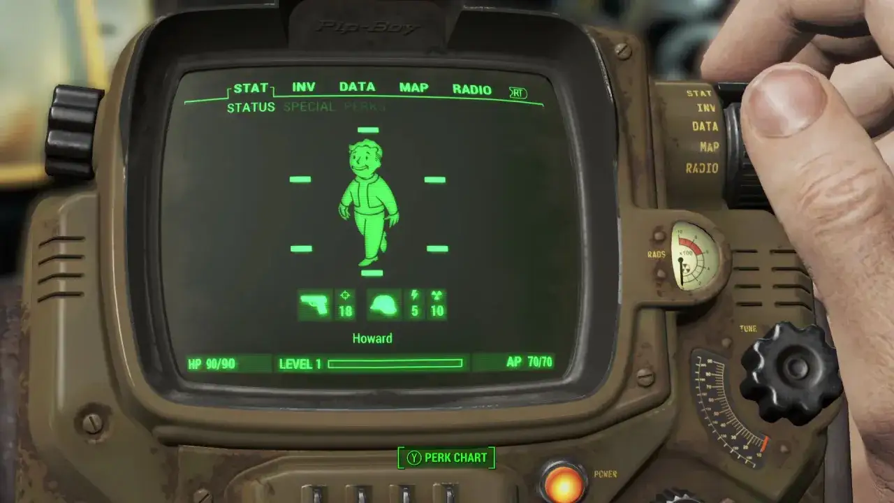 Pantalla del Pip-Boy de Fallout 4 mostrando el estado del personaje,