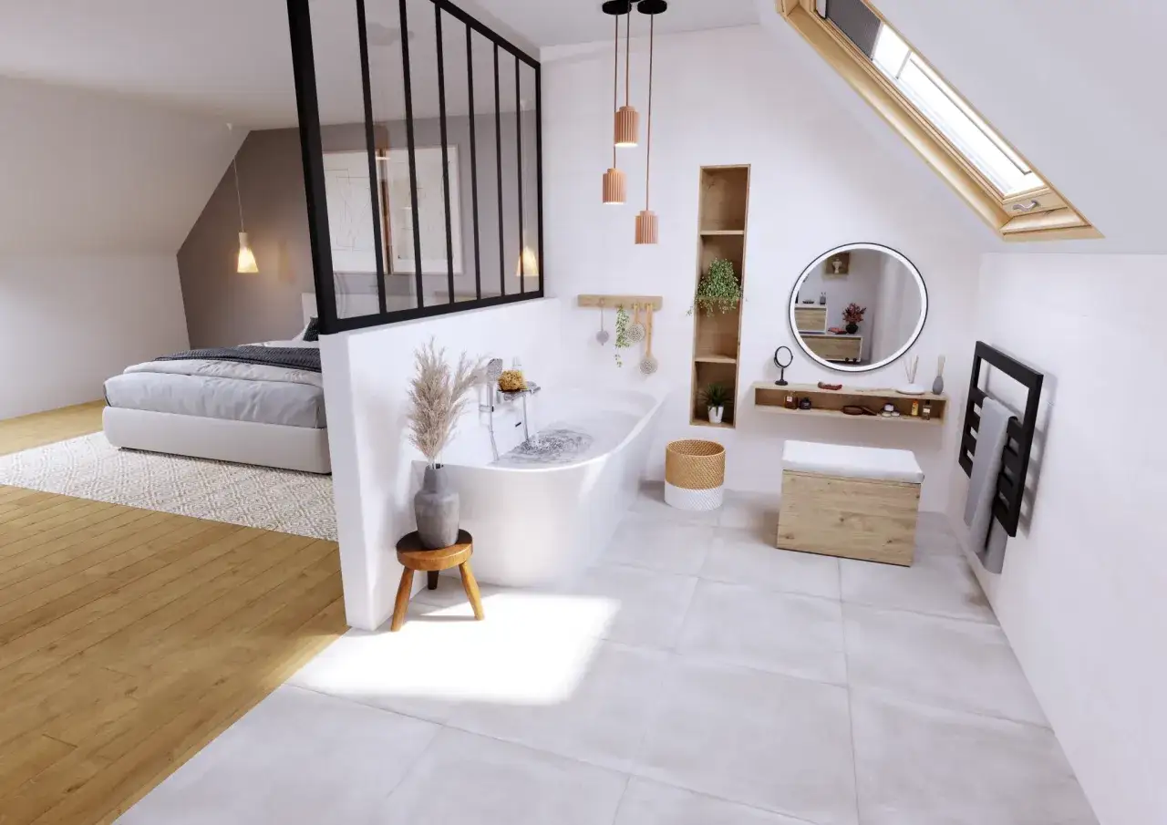 Une **salle de bain wabi sabi** épurée avec baignoire, plantes, et un coin chambre attenant. L'ambiance est zen et naturelle.