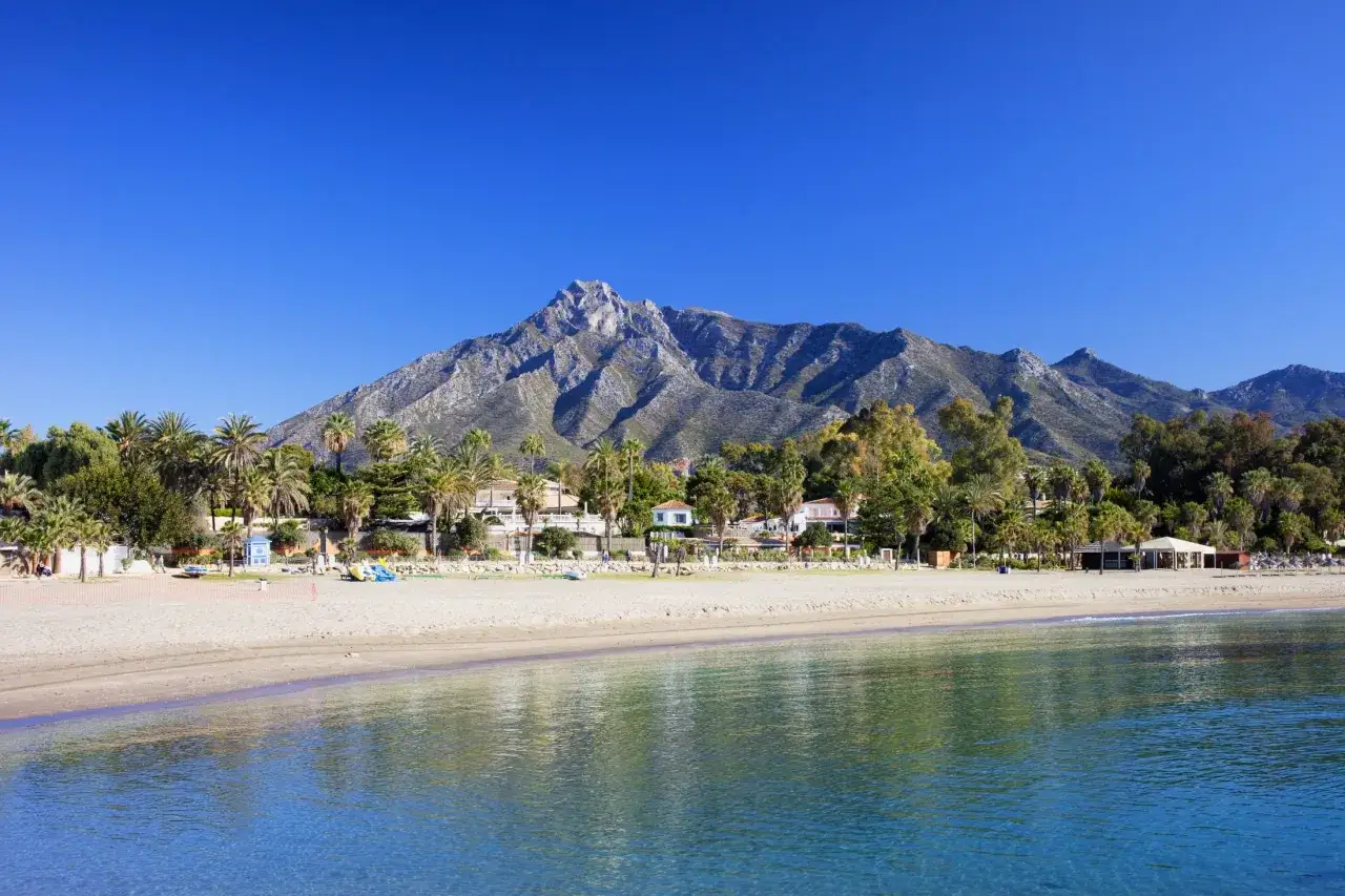 Malaga plaże: piaszczysta plaża z palmami i górami w tle, błękitne morze i czyste niebo.