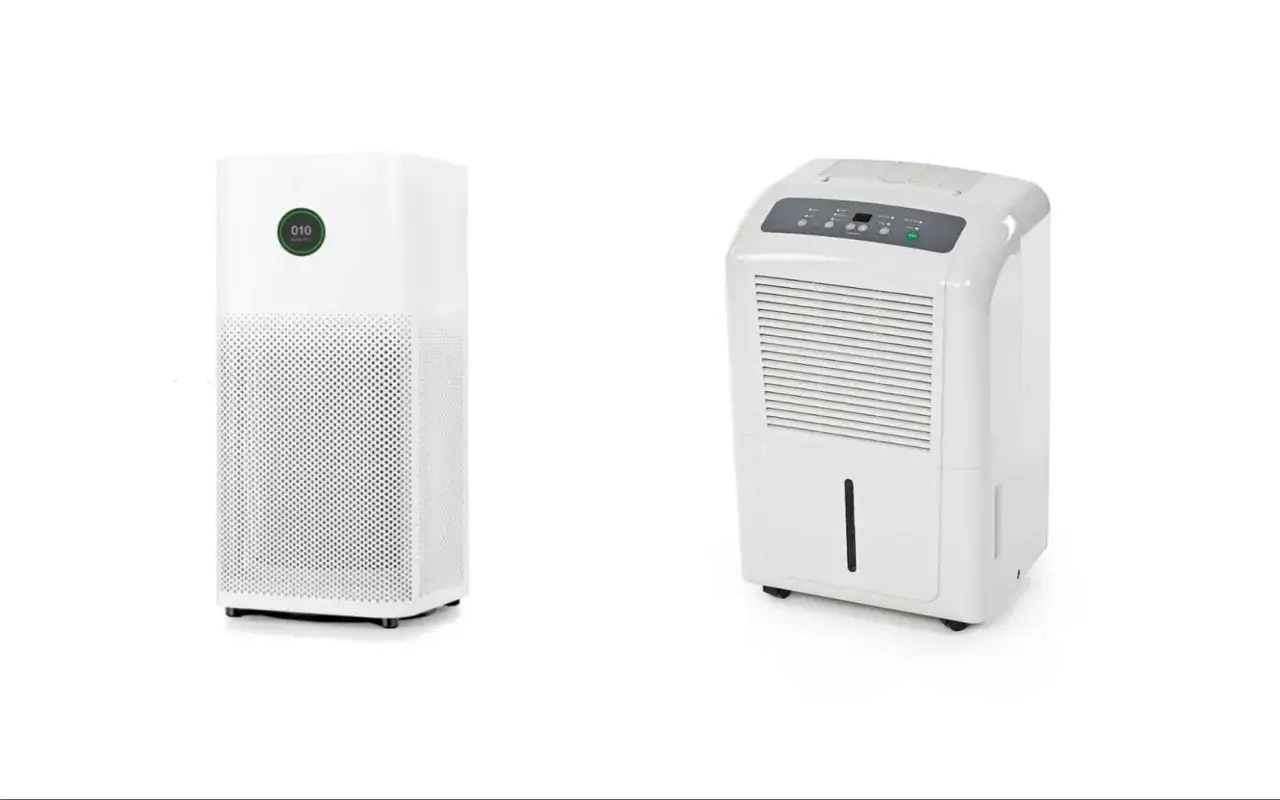 Dos aparatos blancos: un purificador de aire y un deshumidificador que elimina la humedad.