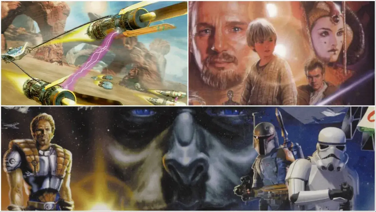 Kolaż z grafikami z gier Star Wars: wyścig ścigaczy, Qui-Gon Jinn z Anakinem, Obi-Wanem i Padmé, a także Boba Fett i szturmowiec.