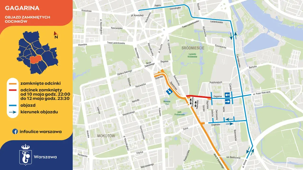 Warszawa: objazd dla tramwaju 10 z powodu zamkniętego odcinka ul. Gagarina od 10 maja.