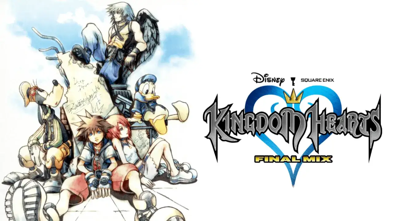 Sora, Riku, Kairi, Goofy i Donald siedzą razem, a obok logo Kingdom Hearts Final Mix.