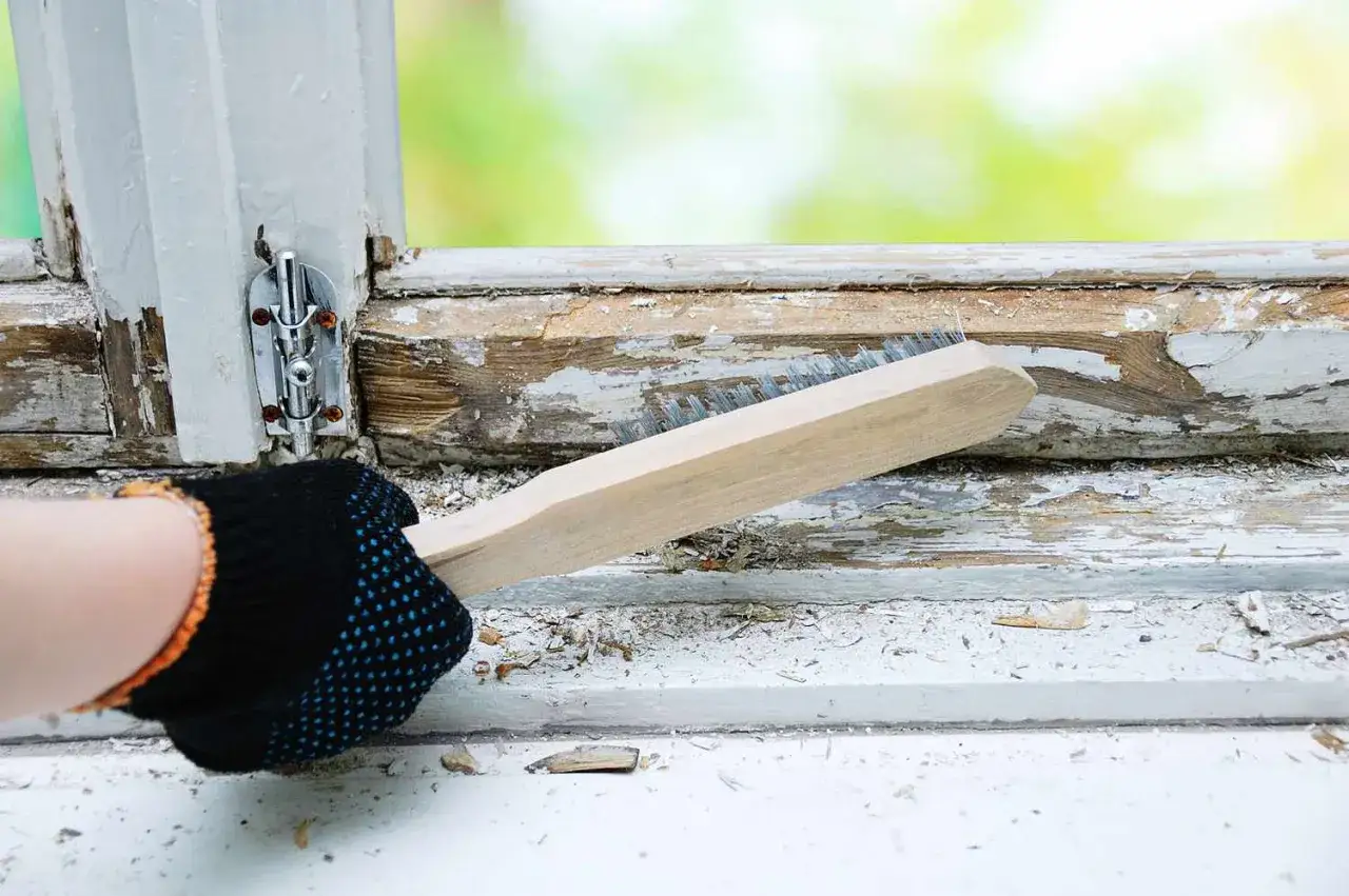 Mano enguantada usa cepillo de alambre para el decapado de pintura vieja en un marco de ventana de madera.