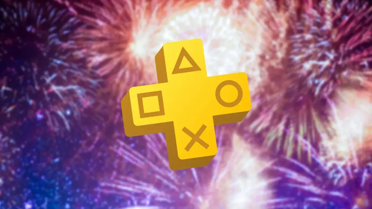 Ż&oacute;łty symbol PS Plus na tle fajerwerk&oacute;w. Marzec to świetny czas na nowe gry z PS Plus!