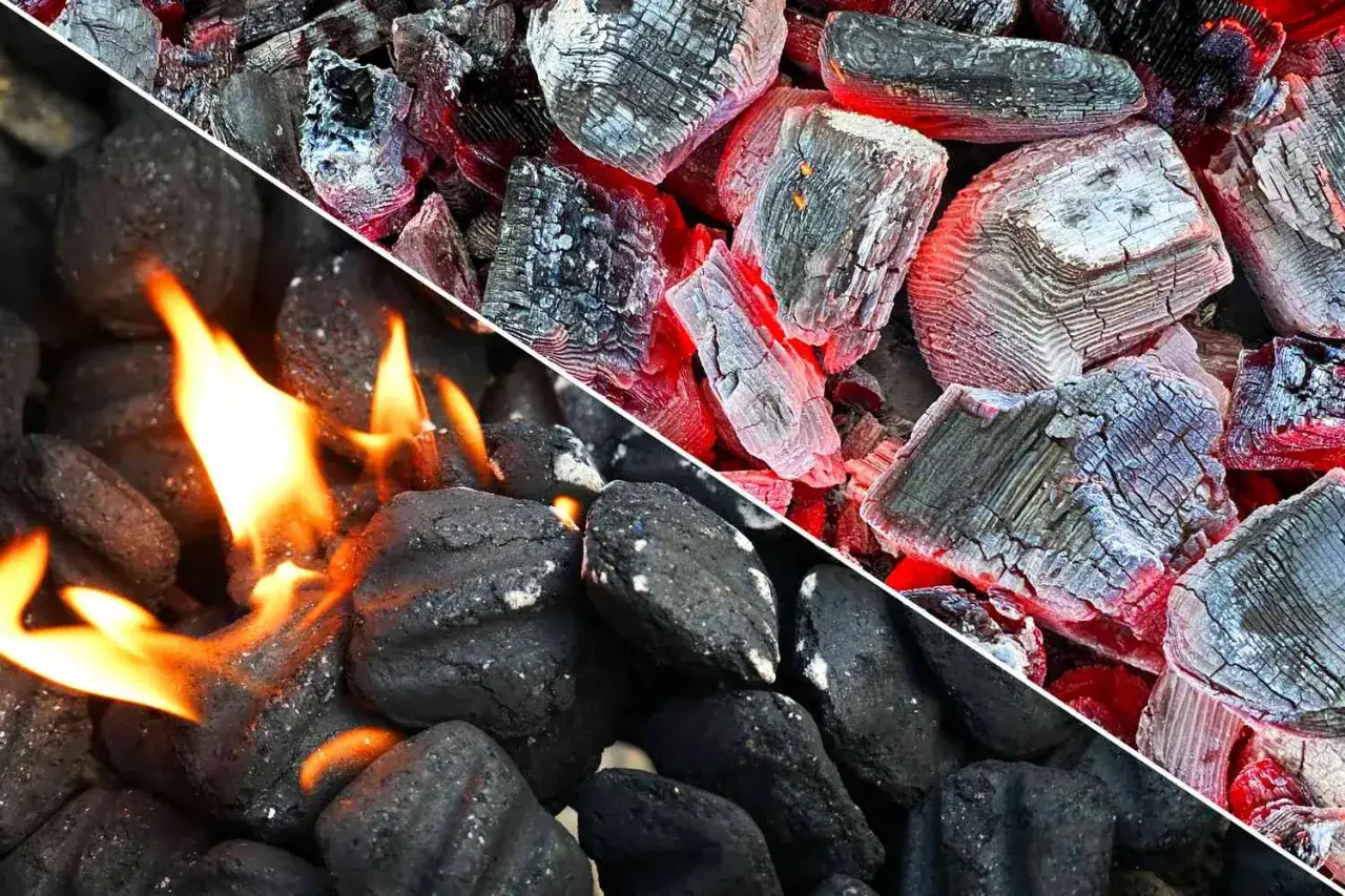 En sida visar flammande grillkol, den andra gl&ouml;dande briketter redo f&ouml;r grillning.
