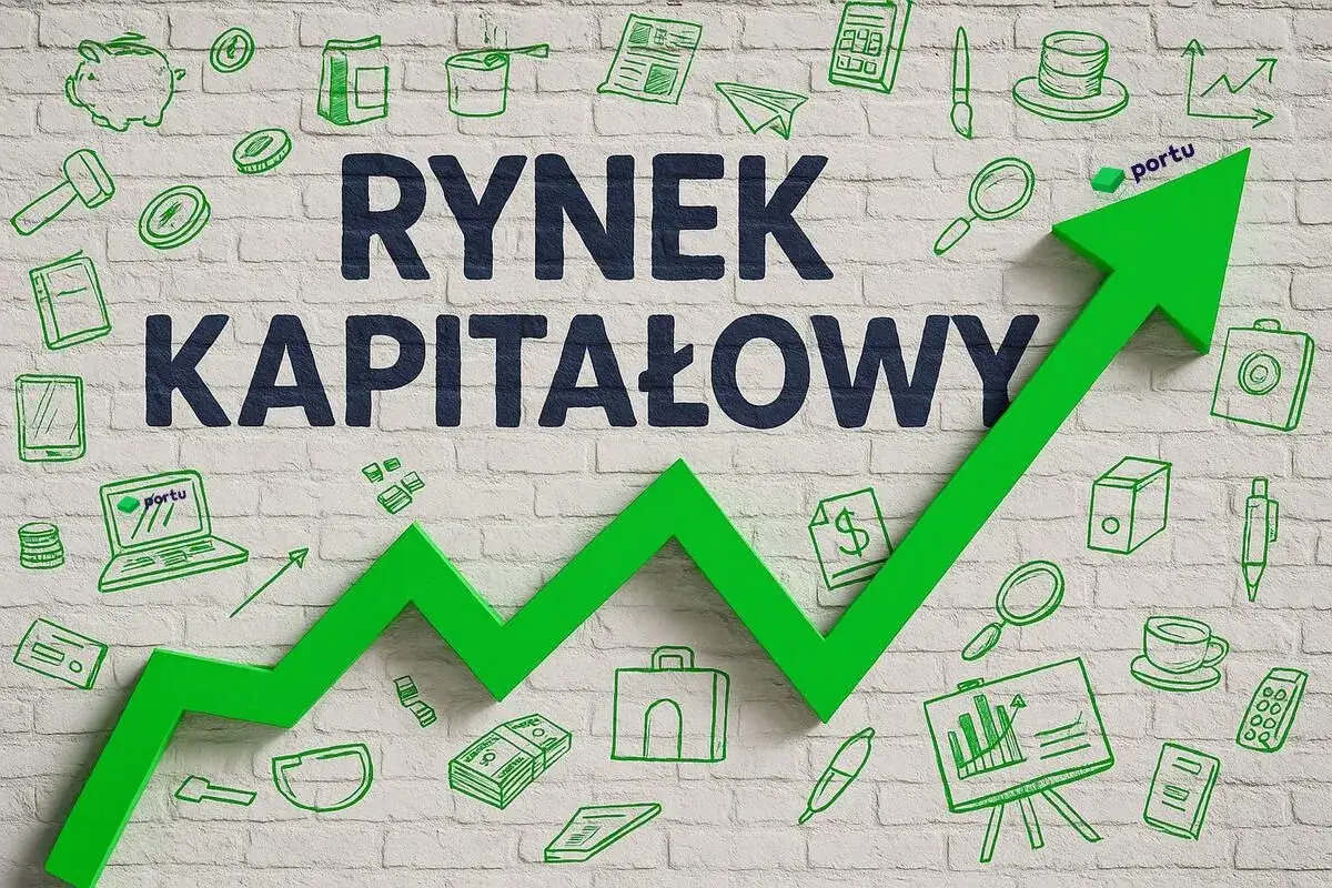 Wzrostowy wykres symbolizuje rynek kapitałowy definicja, otoczony ikonami finansowymi i biznesowymi.