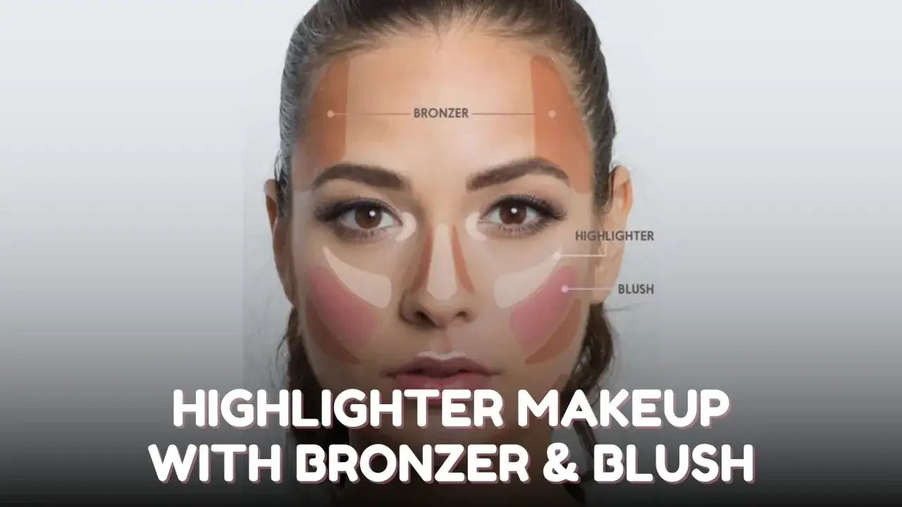 Modelka pokazuje, gdzie nakładać rozświetlacz, bronzer i róż. Kontury twarzy podkreślone makijażem.