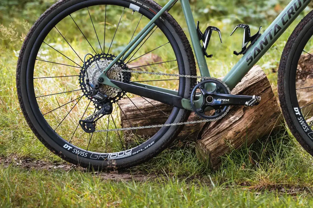Close-up of a gravel bike's rear wheel and drivetrain, featuring Shimano GRX components. This image is perfect for a Shimano GRX review.