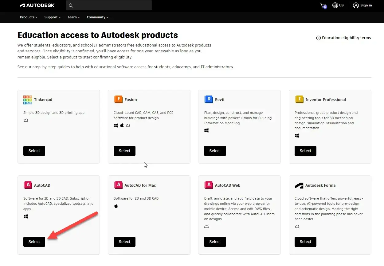 Dostęp do AutoCAD za darmo dla edukacji. Wybierz oprogramowanie, aby rozpocząć proces weryfikacji.