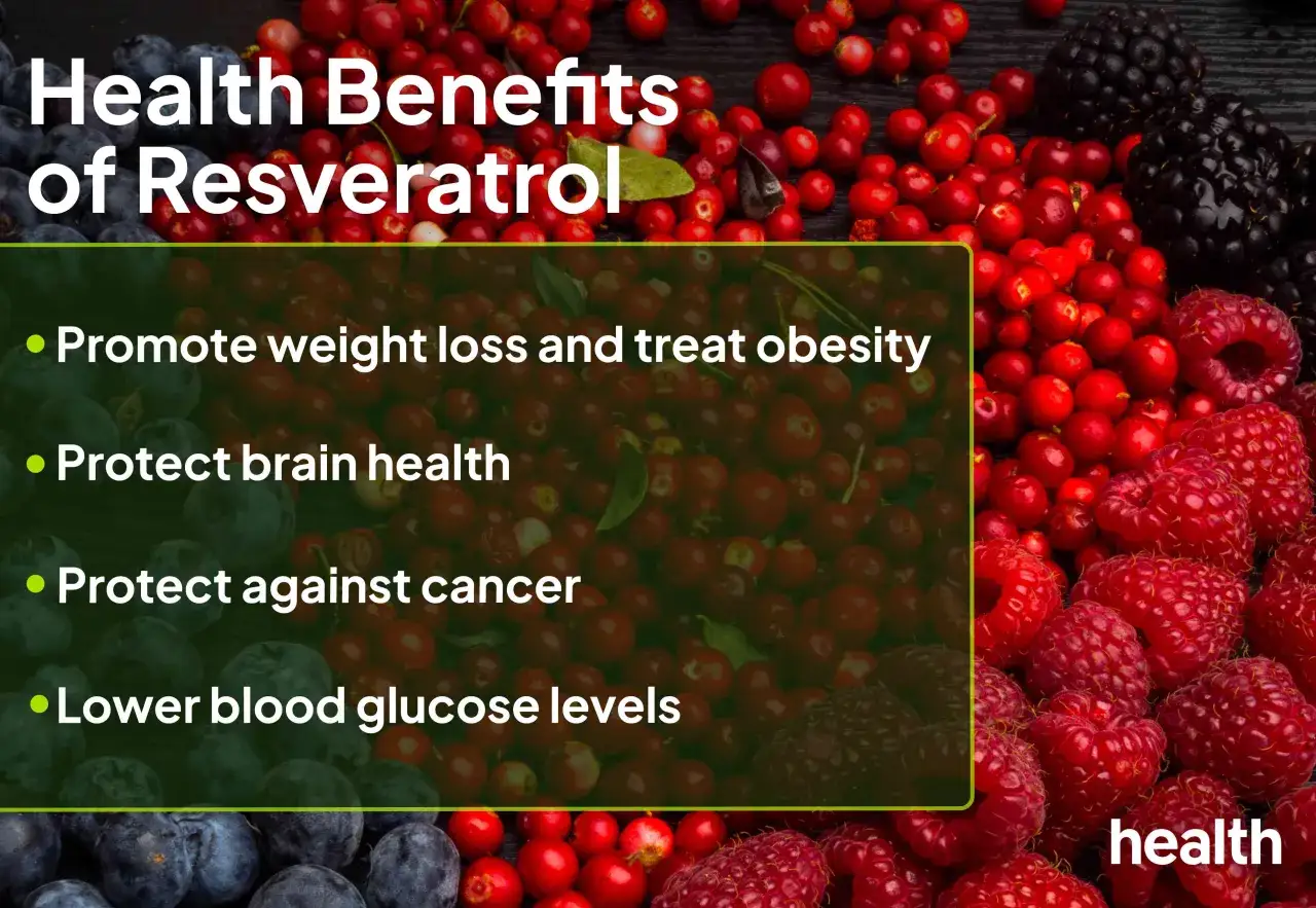 Gesundheitliche Vorteile von Resveratrol: Gewichtsverlust, Gehirnschutz, Krebspr&auml;vention, Blutzuckersenkung.