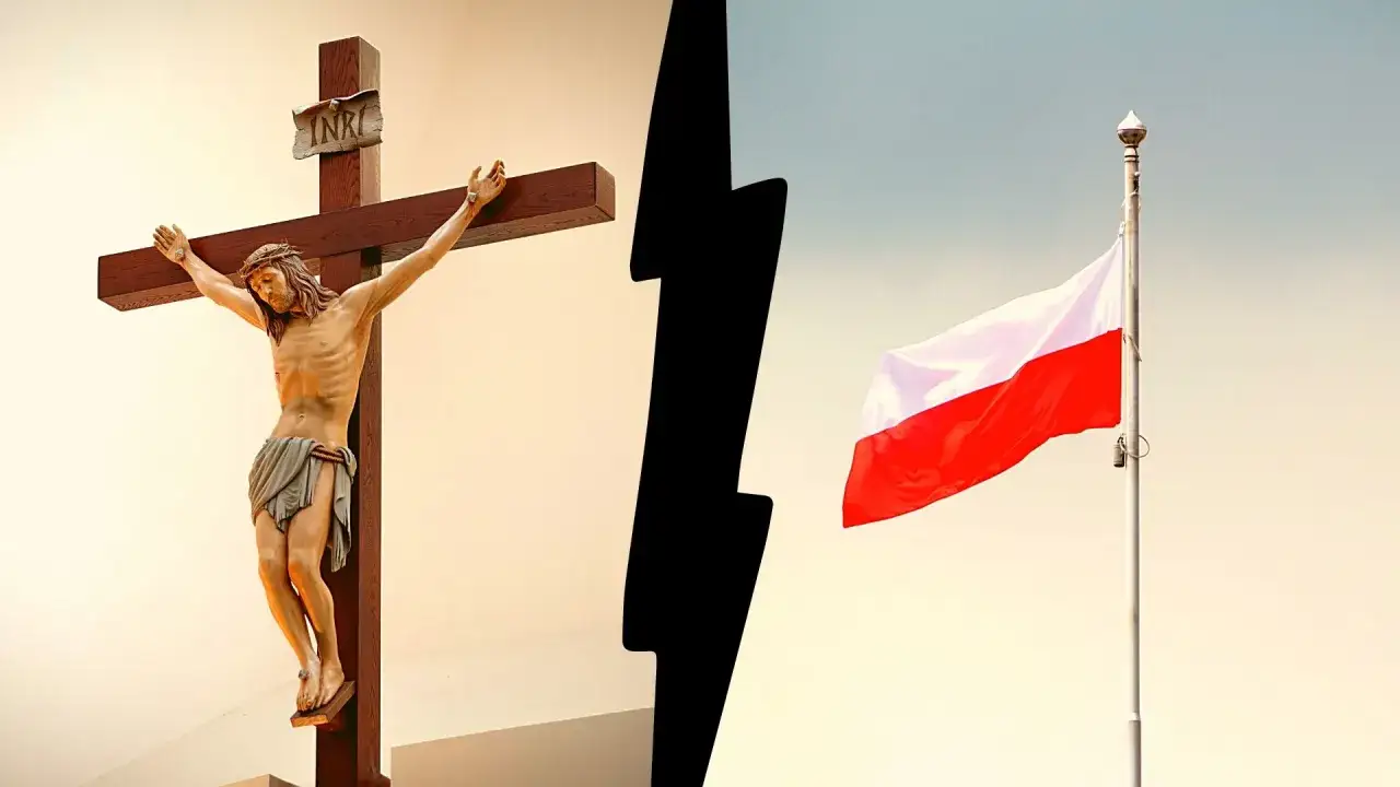 Krzyż z Jezusem i polska flaga. Silne symbole chrześcijaństwa i narodu.