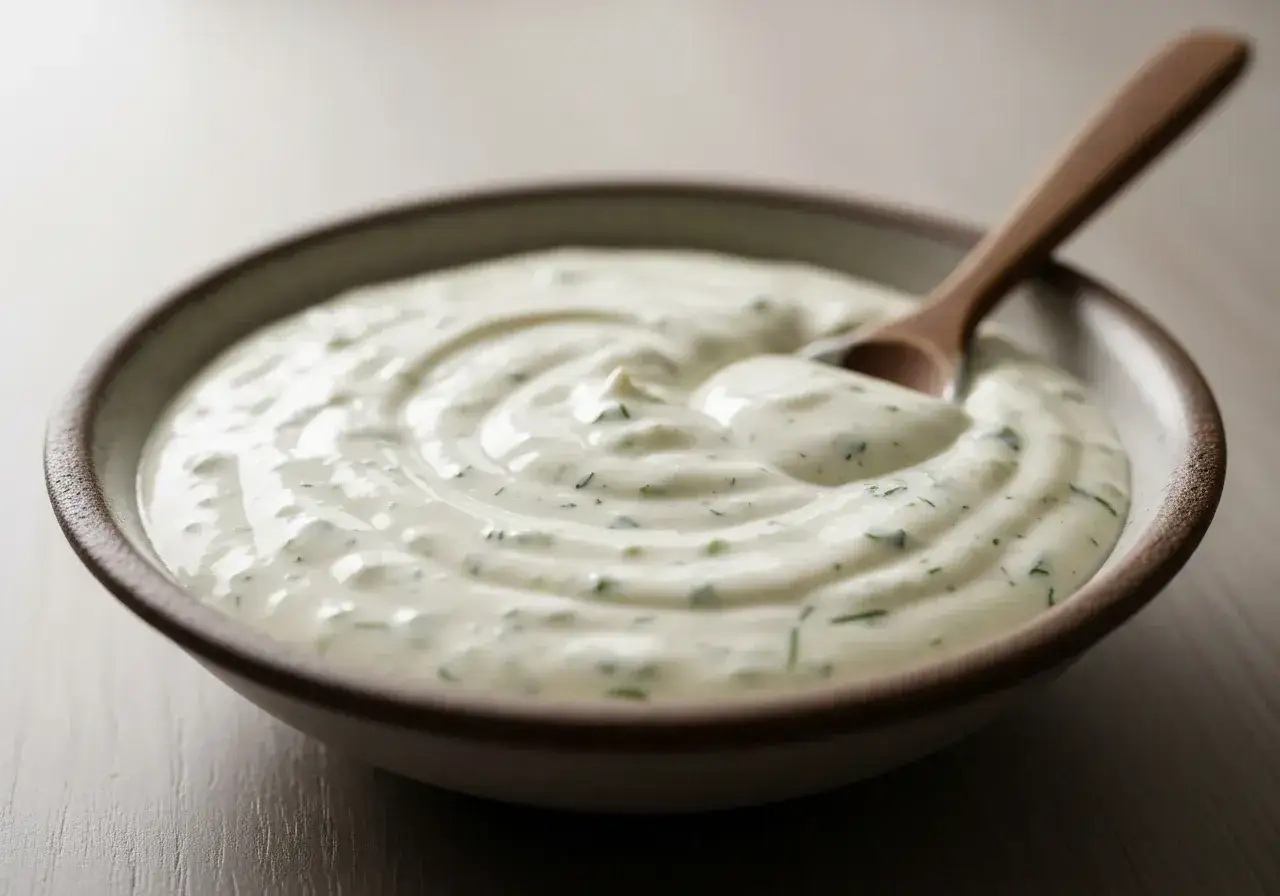 En skål med krämig ranch dressing med en träsked. Perfekt till sallad eller dipp.