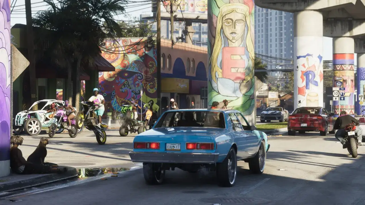 Ein bunter trailer gta 6 mit Motorrädern, Autos und Graffiti-Kunst.