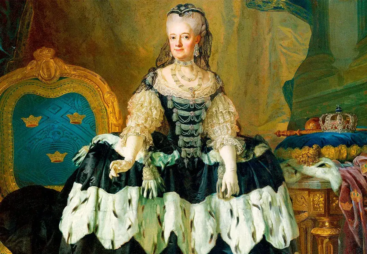 Ulrika Eleonora, drottning av Sverige, sitter p&aring; en tron med krona och spira.