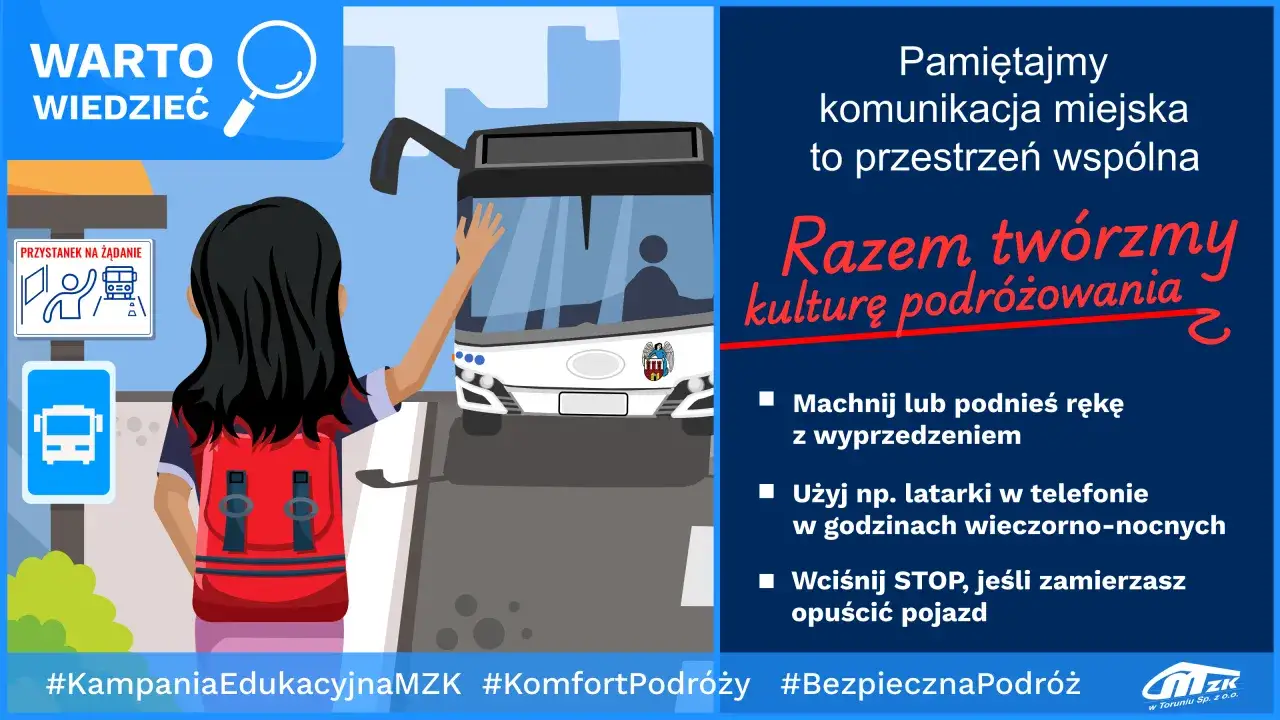 Dziewczyna z plecakiem na przystanku na żądanie macha do autobusu. Pamiętajmy o kulturze podróżowania.
