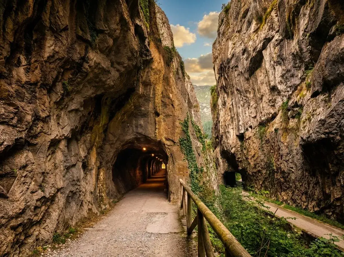 Un camino rocoso se adentra en un túnel iluminado, parte de la senda del oso. La vegetación trepa por las paredes de roca.