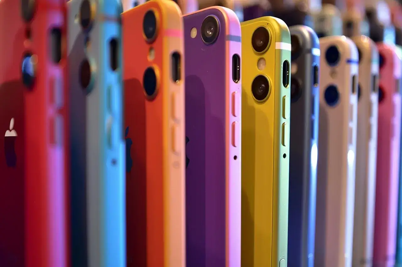 Rząd kolorowych iPhone'ów 5c, od czerwonego po żółty, prezentuje się jak tęczowa kolekcja.