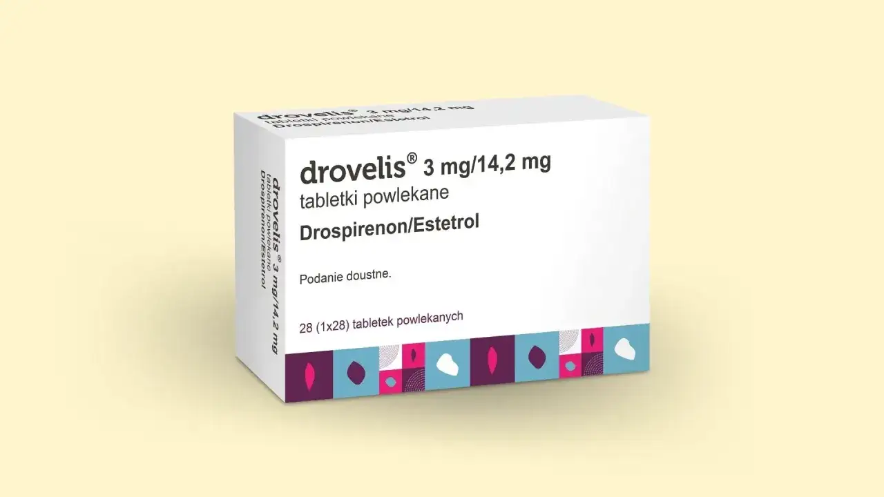 Opakowanie leku Drovelis 3 mg/14,2 mg, zawierające tabletki powlekane z drospirenonem i estetrol.