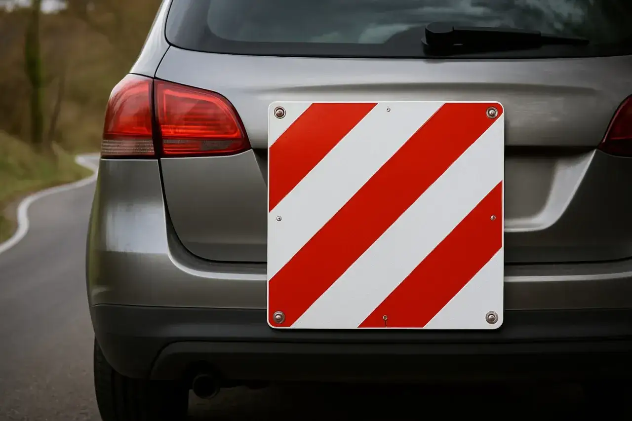 R&uuml;ckseite eines Autos mit angebrachtem Warnschild f&uuml;r Anh&auml;nger. Das Schild hat rote und wei&szlig;e diagonalen Streifen.