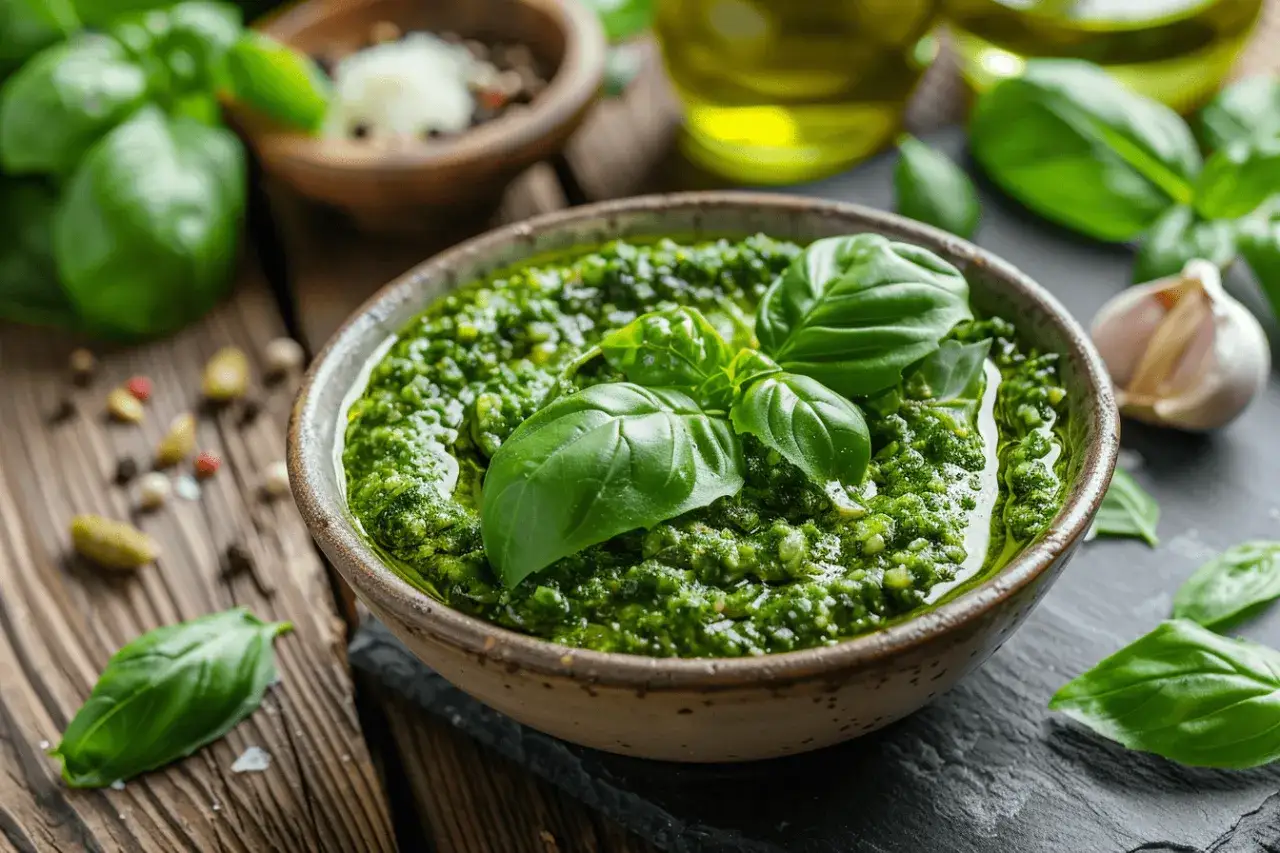 Miseczka domowego, tradycyjne pesto przepis z bazylią, czosnkiem i oliwą. Obok składniki: oliwa, czosnek, bazylia, pieprz.