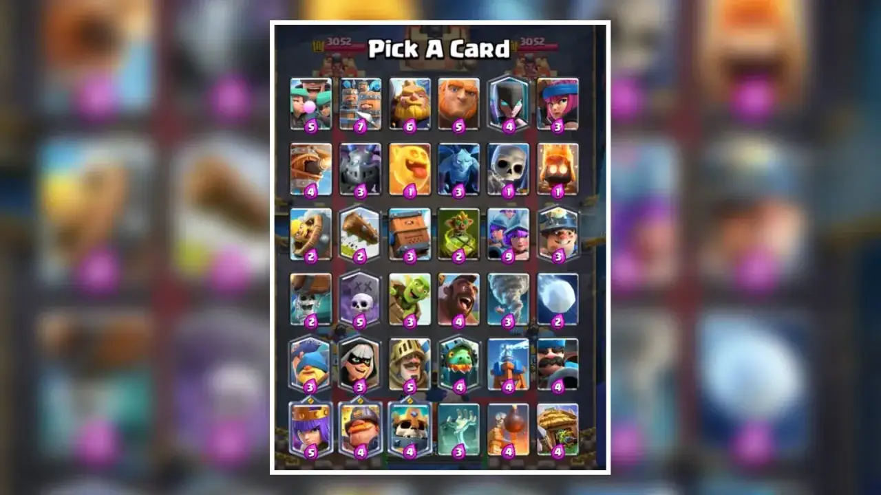 Wybierz kartę z gry Clash Royale. Widoczne są różne **clash royale postacie**, takie jak szkielet, olbrzym, czarodziejka i wiele innych.