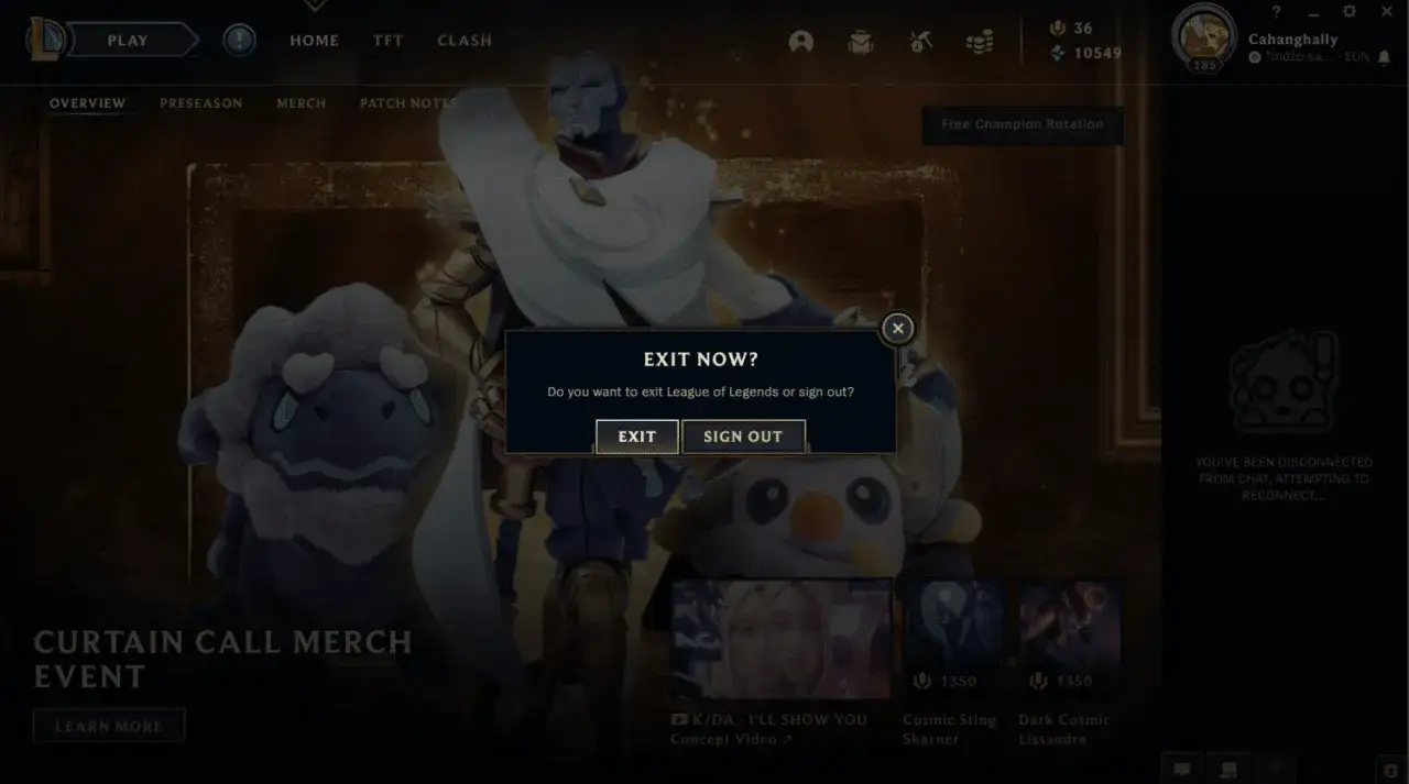 League of Legends logout window X button